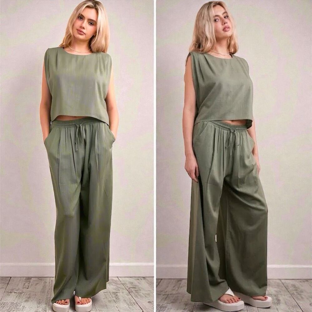 Linen Crop Top & Wide Leg Pant Set NWT | Olive Green | Very J - Picture 2 of 8